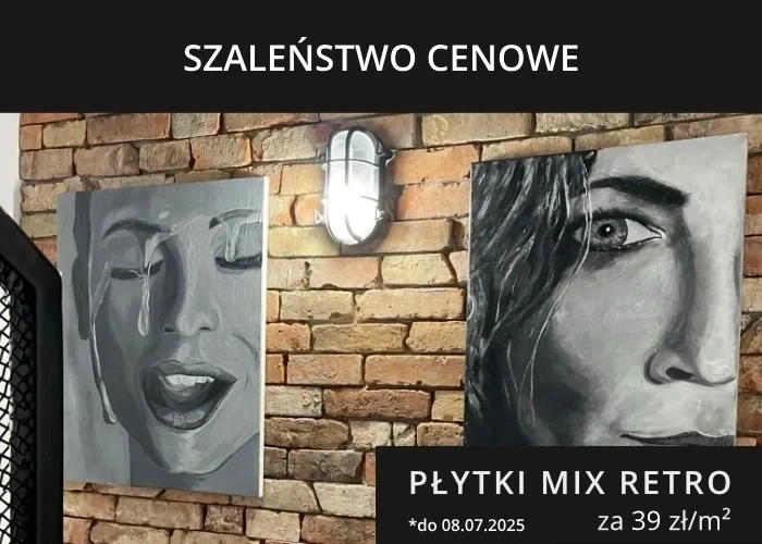 banner z płytkami na ścianie informujący o promocji na płytki mix retro za 39 zł za 1m2