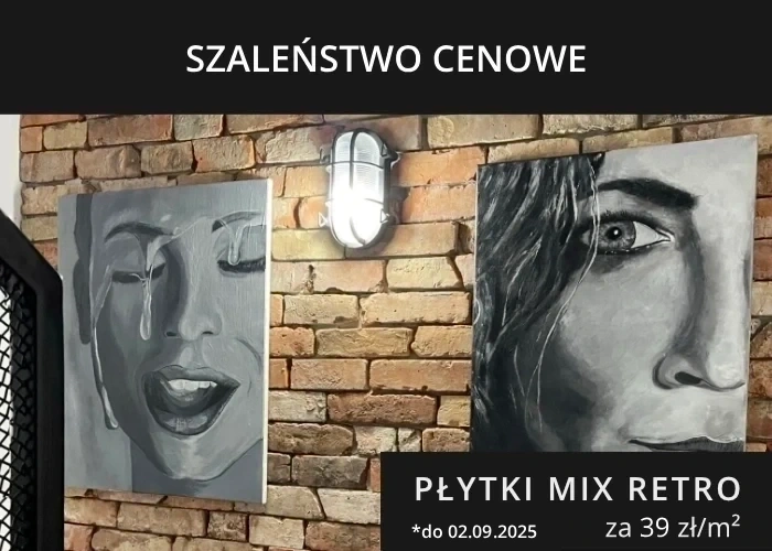 banner z płytkami na ścianie informujący o promocji na płytki mix retro za 39 zł za 1m2