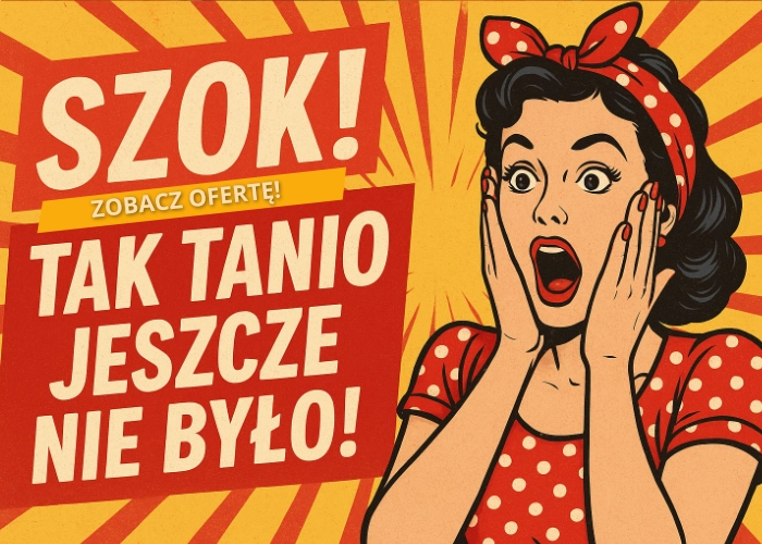 banner w stylu pin-up z dziewczyną informujący o promocjach 