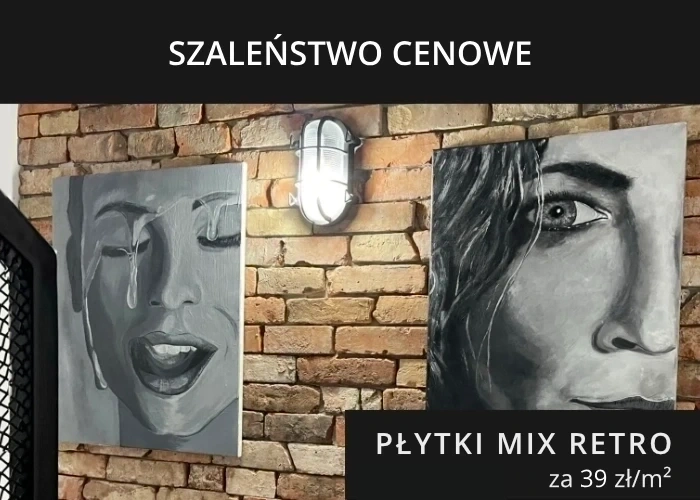 banner z płytkami na ścianie informujący o promocji na płytki mix retro za 39 zł za 1m2